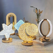 Golden crescent crystal moon lamp with touch dimming night light feature for bedside ambient home decor