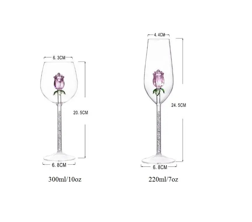 Elegant decorbites 3d pink glass rose wine goblets with delicate pink roses in 300ml and 220ml sizes