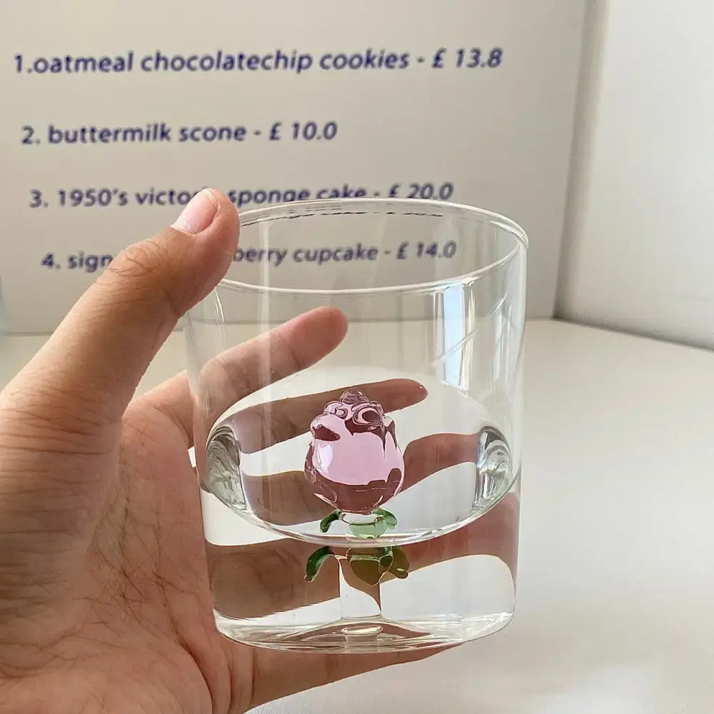 Clear glass rose glass breakfast cup with pink and green 3d rose design by decorbites for kitchen use