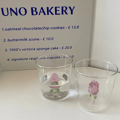 Clear glass rose glass breakfast cup with delicate pink and green 3d rose decorbites floral design