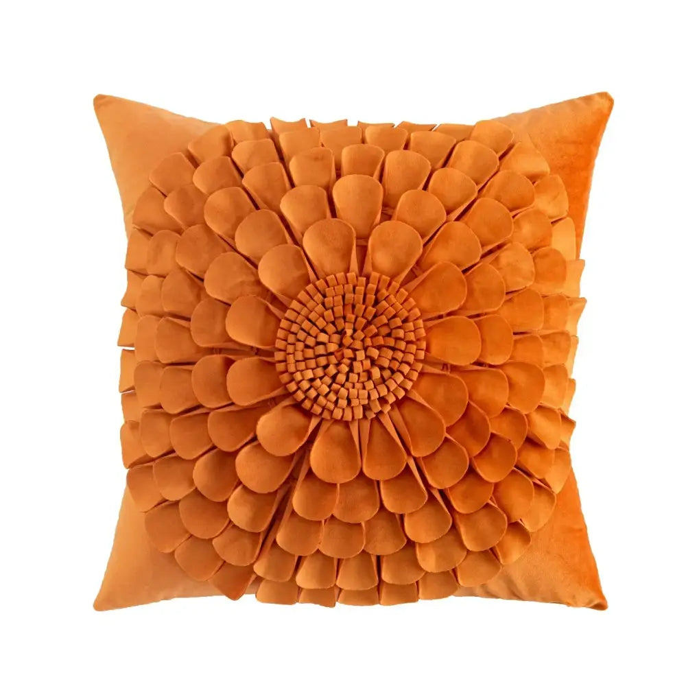 Orange velvet flower pillow cover with 3d floral design for yellow and beige living room decor by decorbites 3d velvet
