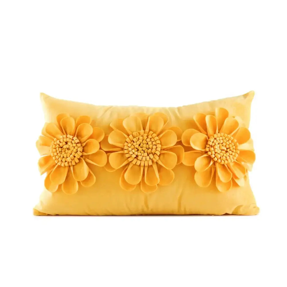 Yellow rectangular pillow cover with three 3d velvet flower decorbites mustard flowers for living room decor