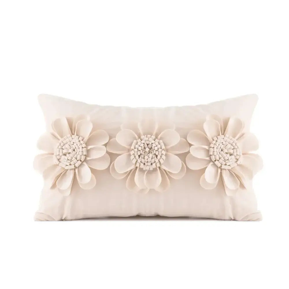 Cream-colored velvet flower pillow cover with three 3d beige velvet flowers and woven centers for living room decorbites decor