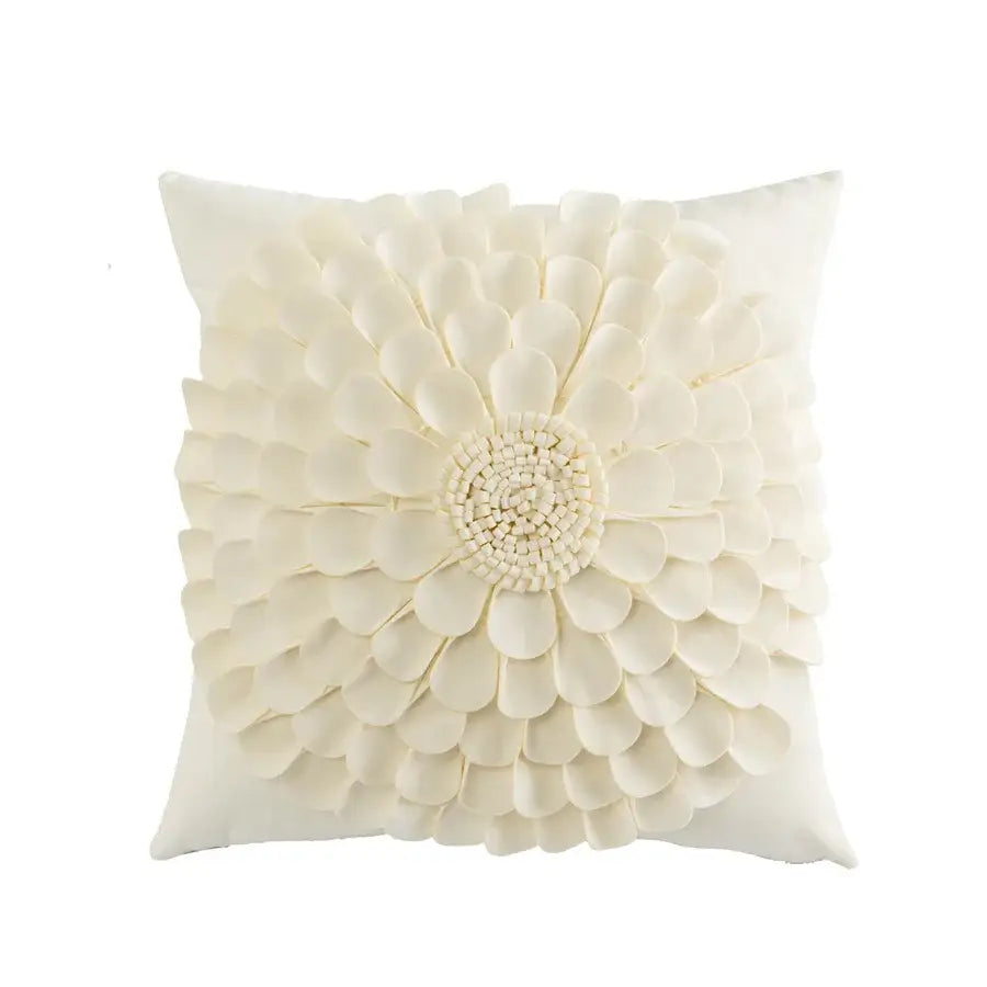 Cream-colored velvet flower pillow cover with 3d floral design and embroidered center for yellow beige decorbites decor