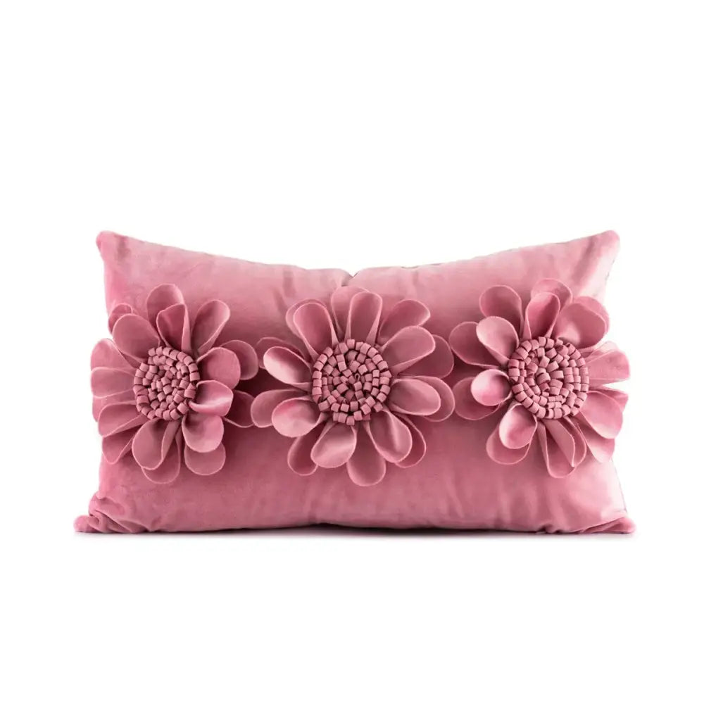 Pink velvet rectangular velvet flower pillow adorned with 3d floral appliqués for yellow and beige living room decorbites pillow covers