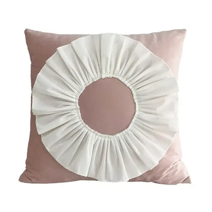 A soft blush pink velvet flower pillow cover with a circular ruffled white fabric overlay from decorbites 3d velvet pillow covers