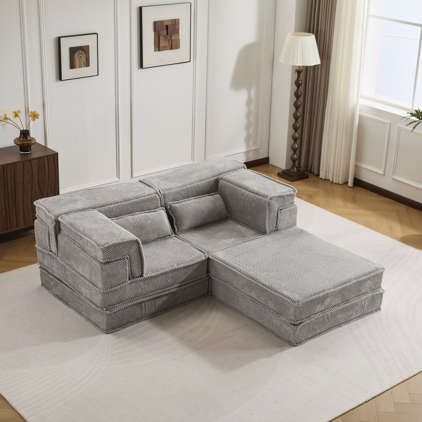 Compression Mahjong Sofa,Convertible Floor Sofa Bed,DIY Boneless Modular Sectional Sofa,No Assembly Required,Circle Fleece Fabric,Oversized 2 Seater With 1 Ottoman,Light-grey