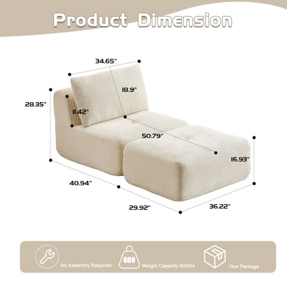 Modern Memory Foam Compressed Sofa,Single Chaise Longue For Living Room,Pet-Friendly Cloud Modular Sectional Sofa,Corduroy Fabric,Movable Ottoman,No Assembly Required,Beige