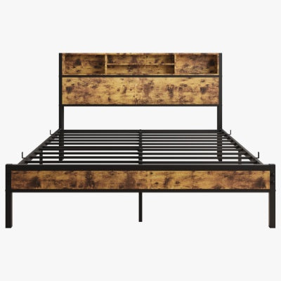 Full Size Bed Frame With Storage Headboard, Metal Platform Bed With Charging Station, Bookcase Storage, No Box Spring Needed, Easy Assembly, Noise-Free, Black