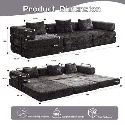 Compression Sofa,Convertible Floor Sofa Bed With Fixed-Shape Frame, Boneless Modular Sectional Sofa,No Assembly Required,Chenille Fabric,for Living Room Bedroom,Black
