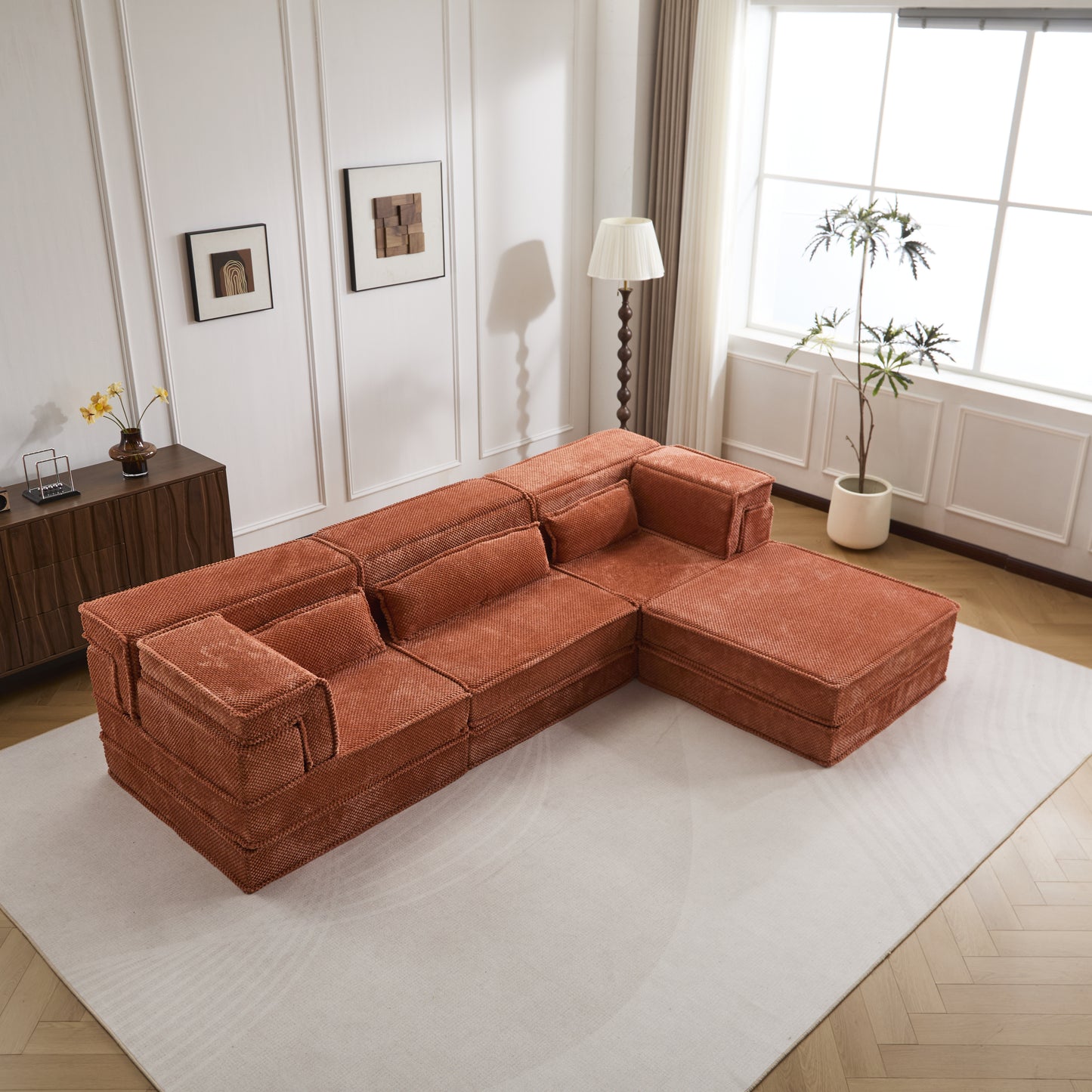 Compression Mahjong Sofa,Convertible Floor Sofa Bed,DIY Boneless Modular Sectional Sofa,No Assembly Required,Circle Fleece Fabric,Oversized 3 Seater With 1 Ottoman,Orange