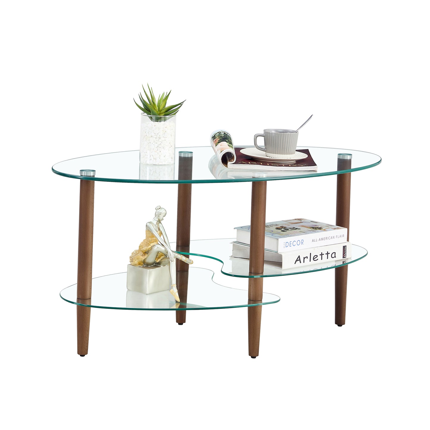 Transparent Oval Glass Coffee Table Modern Table Wood Leg Tea Table 3-layer