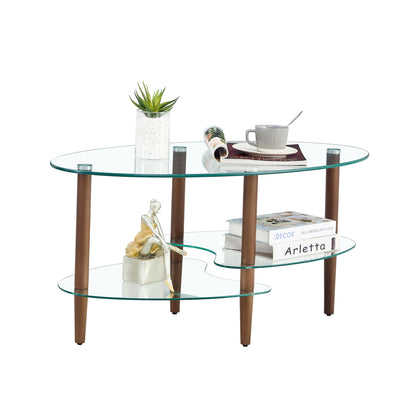 Transparent Oval Glass Coffee Table Modern Table Wood Leg Tea Table 3-layer