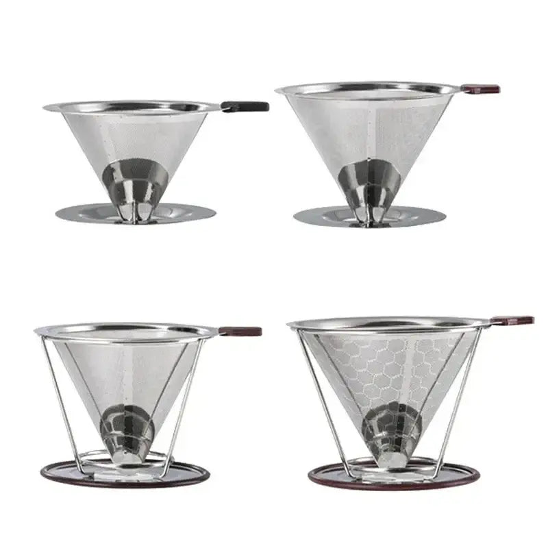 Set of four stainless steel double layer coffee filter funnel drippers with wooden handles and bases for kitchen use