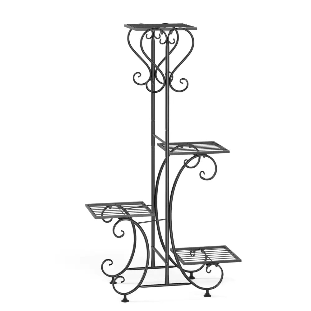 Black wrought iron metal plant stand with ornate scrollwork and four tiered shelves for indoor outdoor display