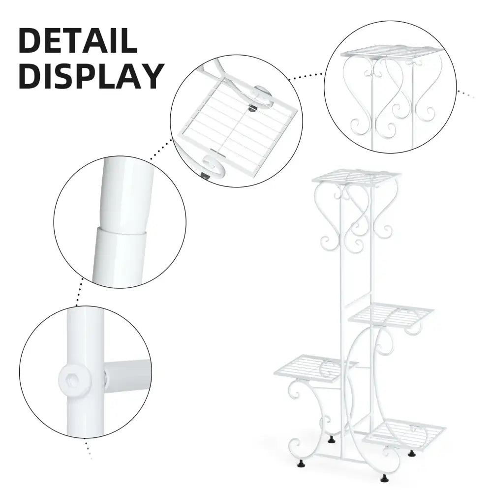White wrought iron 4-tier metal plant stand with ornate scrollwork for indoor and outdoor display by DecorBites