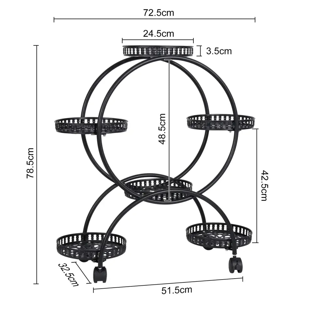 Black metal plant stand shelf with five circular tiers and caster wheels by decorbites for indoor plant display