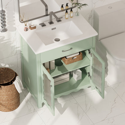31 Bathroom Vanity With Tempered Glass, Modern Bathroom Cabinet With Rubber Wood Legs And Soft Close Doors, Green
