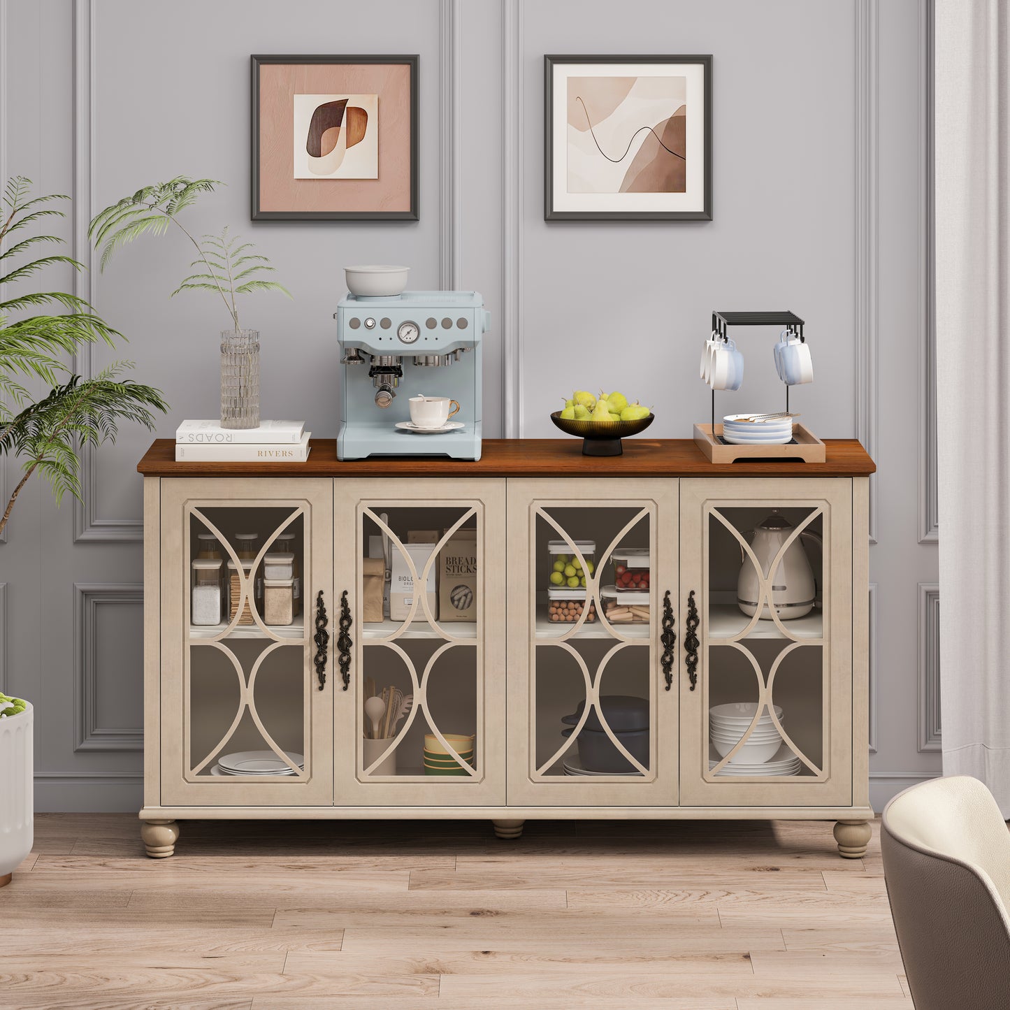 Beige Antique Glass Cabinet