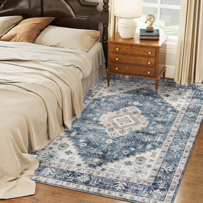 5x7 Area Rug, Vintage Washable Rug, Non-Slip Floor Carpet For Living Room, Bedroom, Dining Room, Blue