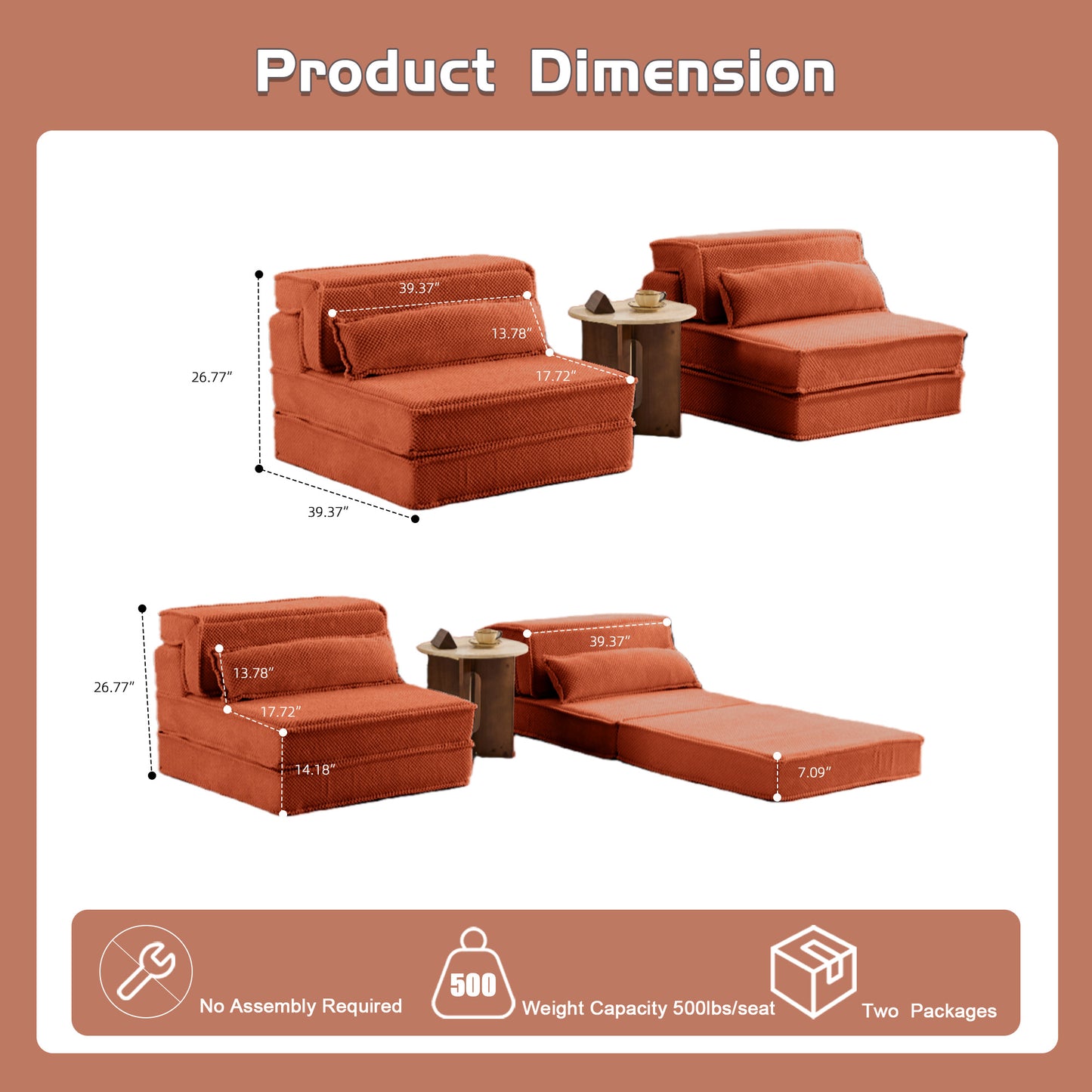 Compression Mahjong Sofa,Convertible Floor Sofa Bed,DIY Boneless Modular Sectional Sofa,No Assembly Required,Circle Fleece Fabric,Oversized 2 Seater With 2 Pillows,Orange
