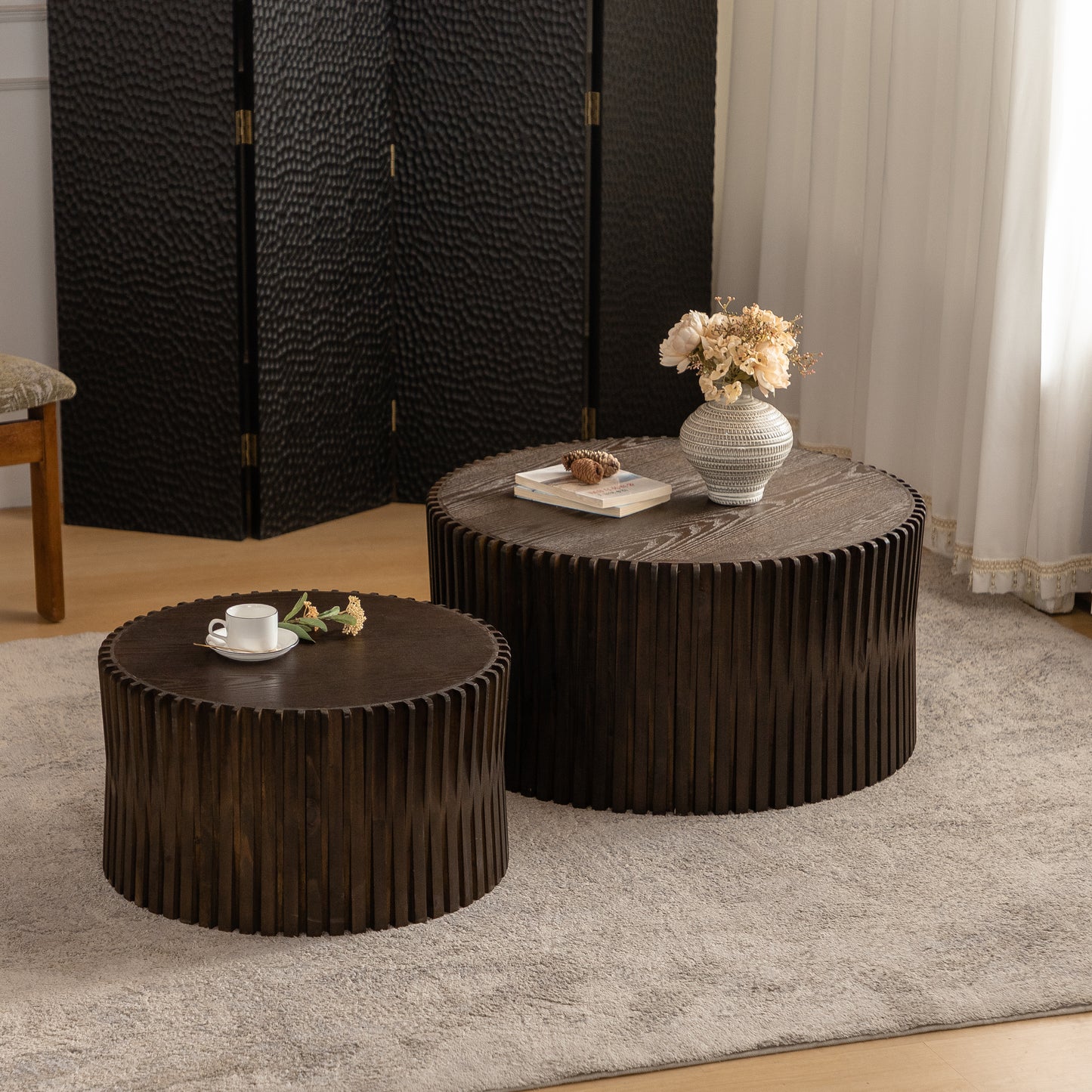 Vintage Fashion Style Cylindrical Nesting Coffee Table Set With Vertical Textured Embossed Design For Living Room, Office And Dining Room, Dark Brown  Set Of 2
