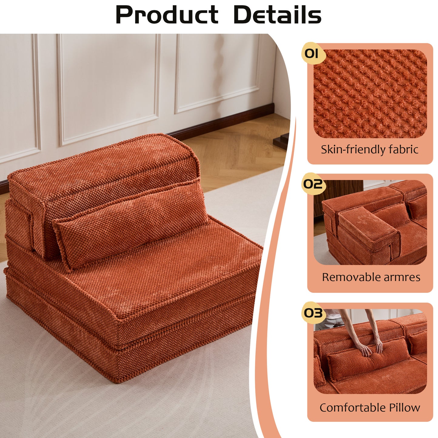 Compression Mahjong Sofa,Convertible Floor Sofa Bed,DIY Boneless Modular Sectional Sofa,No Assembly Required,Circle Fleece Fabric,Oversized Single Sofa With 1 Pillow,Orange