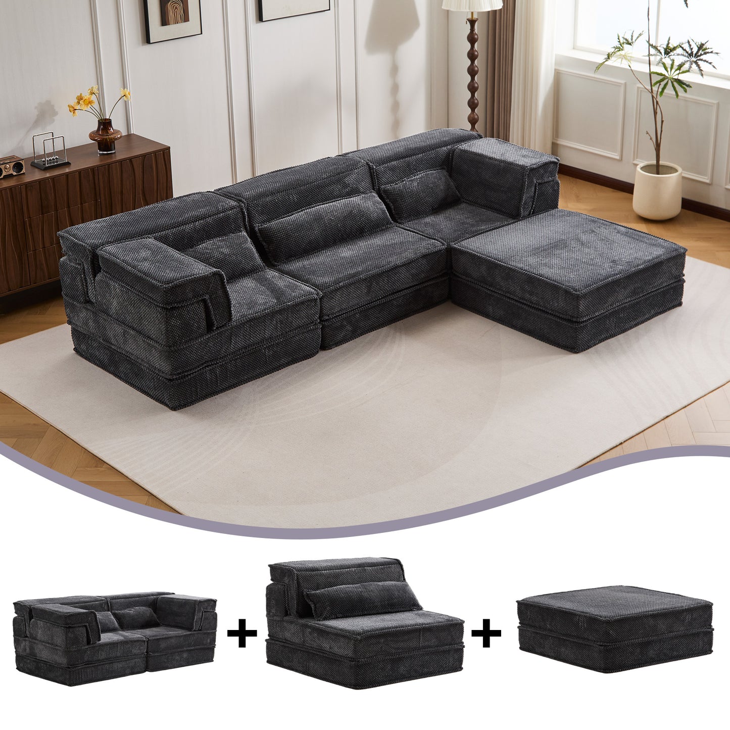 Compression Mahjong Sofa,Convertible Floor Sofa Bed,DIY Boneless Modular Sectional Sofa,No Assembly Required,Circle Fleece Fabric,Oversized 3 Seater With 1 Ottoman,Dark-grey