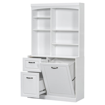 Bathroom Storage Cabinet With Tilt-Out Hamper, 70.9'' Tall Free Standing Organizer With Drawers & Adjustable Shelves, MDF Linen Tower With Steel Handles, White Finish
