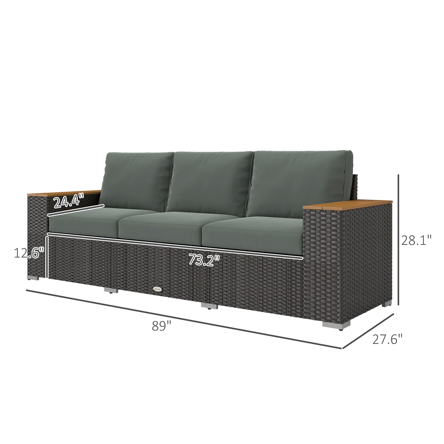 3-Seat Outdoor Patio Sofa With Cushions, PE Rattan Wicker Sofa With Wide Armrests, Outdoor Wicker Couch, Dark Gray