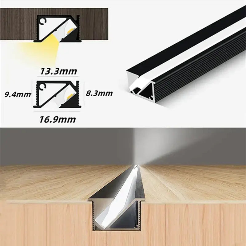 Black and silver 45 degree led aluminum profile corner trim with angular design for recessed kitchen backlight installation