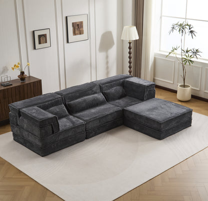 Compression Mahjong Sofa,Convertible Floor Sofa Bed,DIY Boneless Modular Sectional Sofa,No Assembly Required,Circle Fleece Fabric,Oversized 3 Seater With 1 Ottoman,Dark-grey