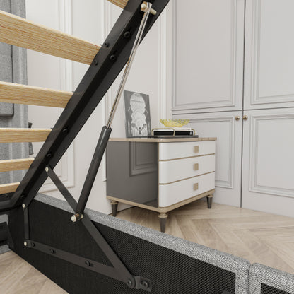 Queen Size Bed Frame With Storage - Lift Up Storage Bed With Modern Wingback Headboard, USB Ports