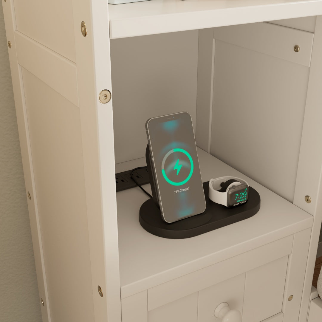 Queen Size Pine Wood Platform Bed With All-In-One 2 Nightstand, Storage Shelf And Cabinet Bookcase With 2 Charging Stations, Multi-Functional Captain Bed Frame With 3 Drawers, No Box Spring Needed