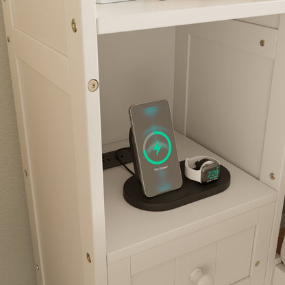 Queen Size Pine Wood Platform Bed With All-In-One 2 Nightstand, Storage Shelf And Cabinet Bookcase With 2 Charging Stations, Multi-Functional Captain Bed Frame With 3 Drawers, No Box Spring Needed