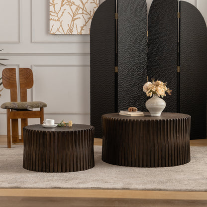 Vintage Fashion Style Cylindrical Nesting Coffee Table Set With Vertical Textured Embossed Design For Living Room, Office And Dining Room, Dark Brown  Set Of 2