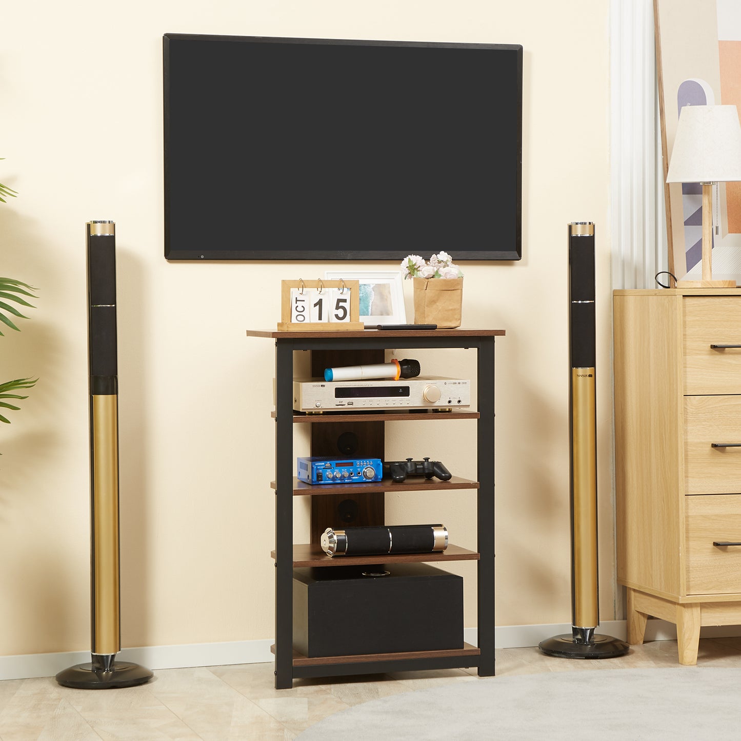 Media Stand With 4-Tier Audio Rack AV Media Corner Shelf With Cable Management For DVD Players Game Console TV Cable WiFi Router