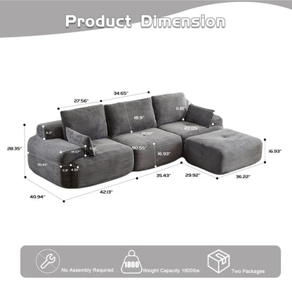 Modern Memory Foam Compressed Sofa,Large Sectional Couches For Living Room,Pet-Friendly Cloud Modular Sectional Sofa,Corduroy Fabric,Extra Deep Loveseat,No Assembly Required,GREY