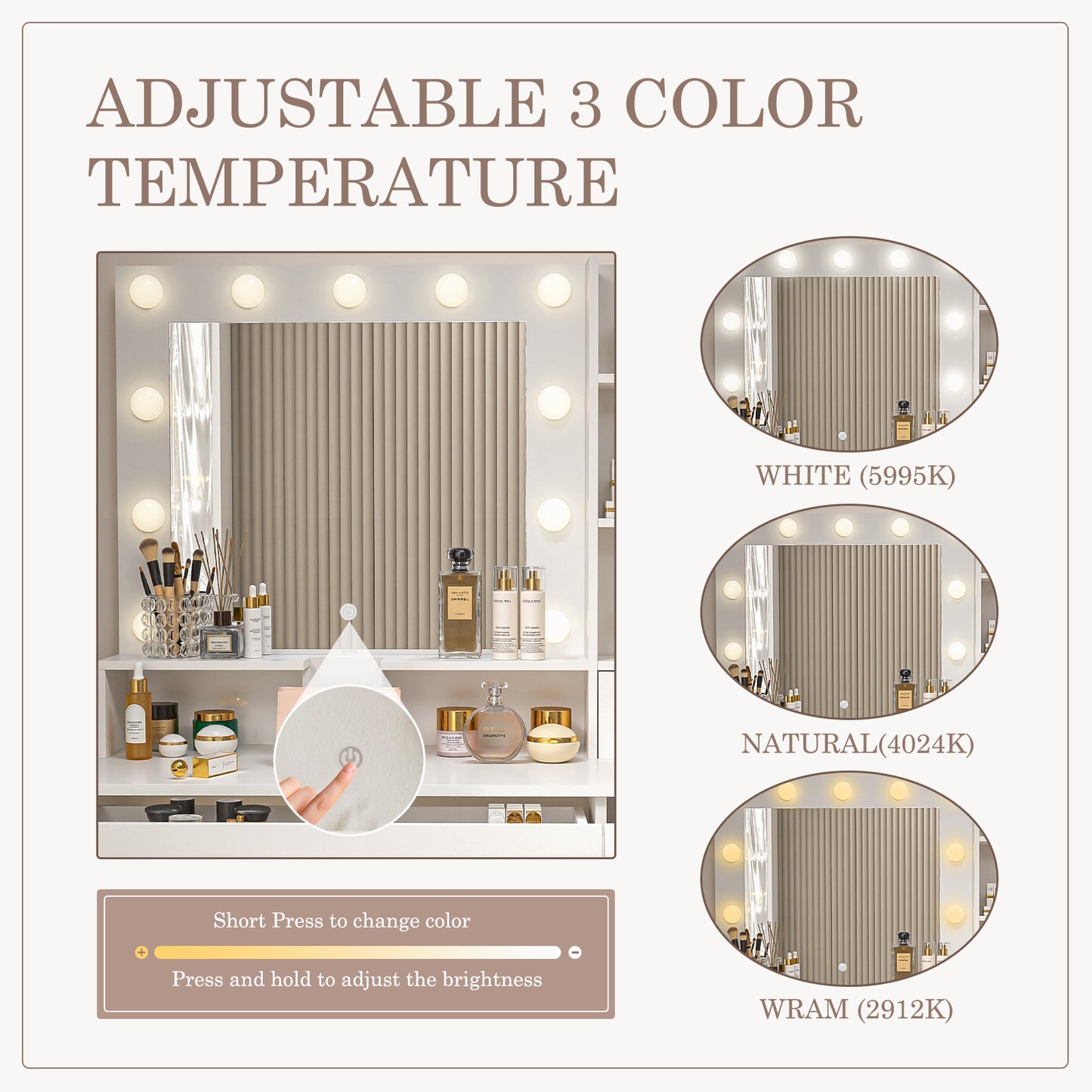 Dressing Table And Mirror, Dressing Table And Bedroom Dressing Table With 3-color Light Options For Adjustable Brightness, White