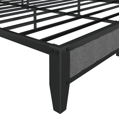 Queen Size Bed Frame With Charging Station, Upholstered Headboard, Metal Platform, Grey