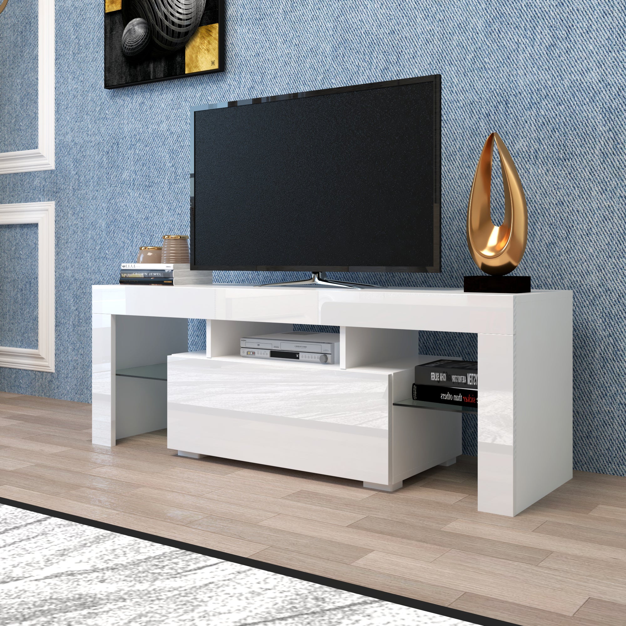 White Modern TV Stand LED Lighting 50-59in