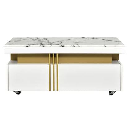 VIDEO Provided ON-TREND Contemporary Coffee Table With Faux Marble Top, Rectangle Cocktail Table With Caster Wheels, Moderate Luxury Center Table With Gold Metal Bars For Living Room, White