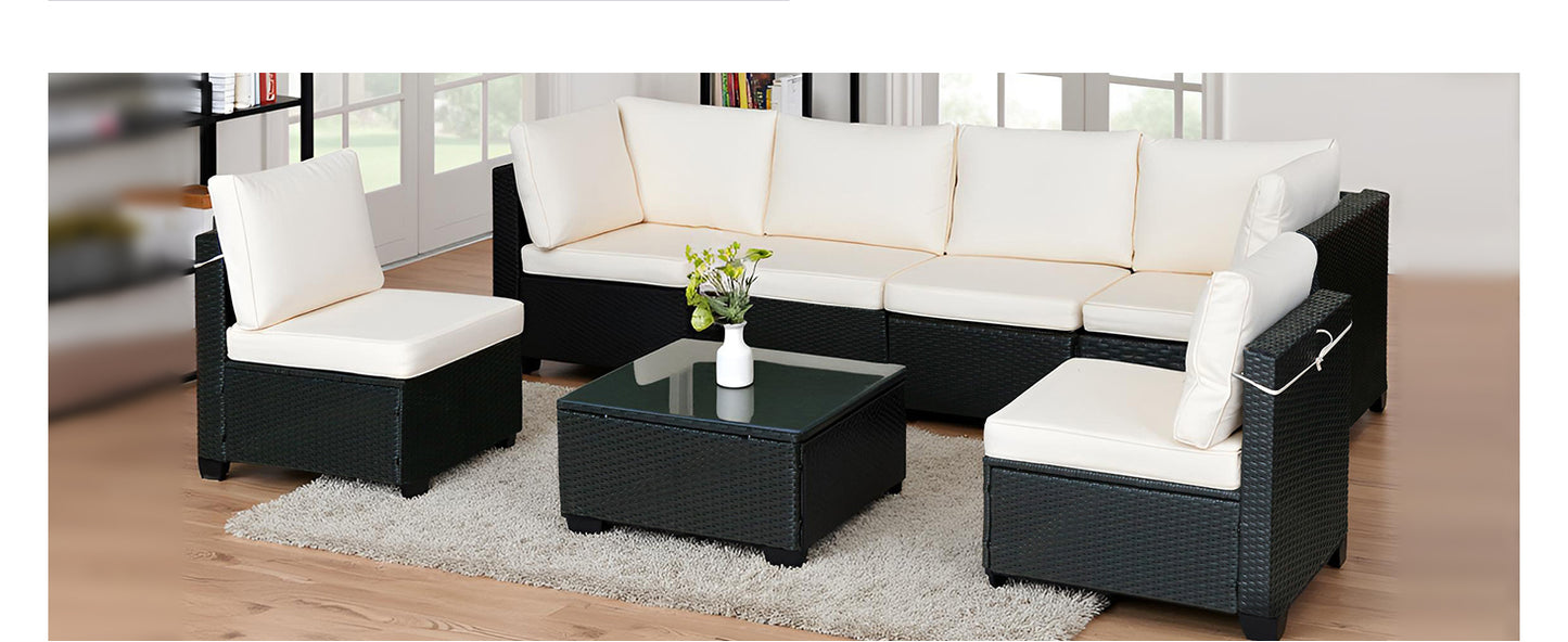 Hot Selling Seven-Piece Sofa Set Table With Sofa Chair Black PE Rattan Outdoor New Design Furniture 7-JH002 Box 3-1-2-3 With White Color Cushion