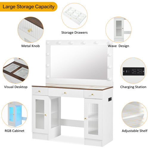 43.3 Vanity Desk With Large Mirror And Hollywood Bulbs, Modern Glass Top Makeup Vanity With Drawers And Power Outlet, Large Dressing Table With 3 Color Lighting Modes & RGB Cabinets For Bedroom