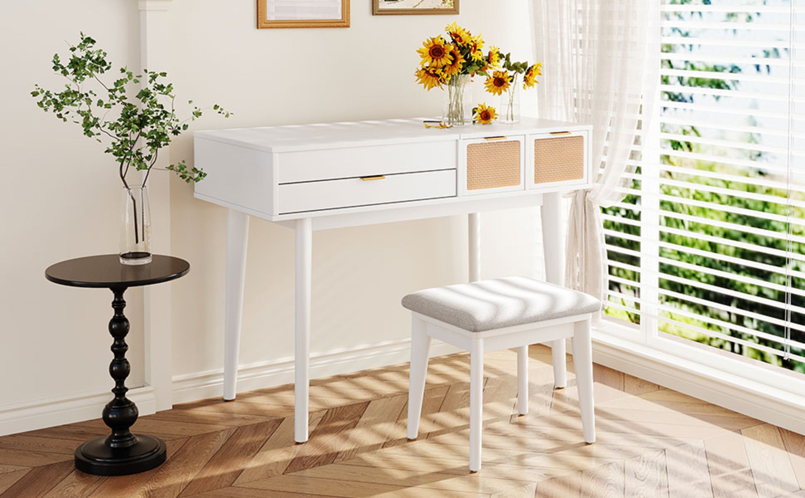 Wood Makeup Vanity Set Flip-Top Mirror Bedroom