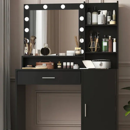 Vanity Desk With Mirror & Light, Large Drawer Three Level Storage Dresser, 3 Lighting Modes Adjustable Brightness, Bedroom Dressing Table(black)
