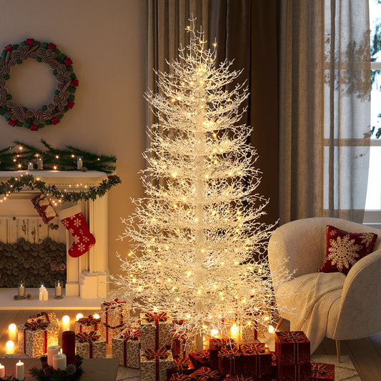 6FT Pre-lit  Aspen Fir  Artificial Christmas Tree, Hinged Xmas Tree 623 Snow Flocked Branch Tips, 420 Warm White LED Lights, Holiday Coral Christmas Tree For Home Party