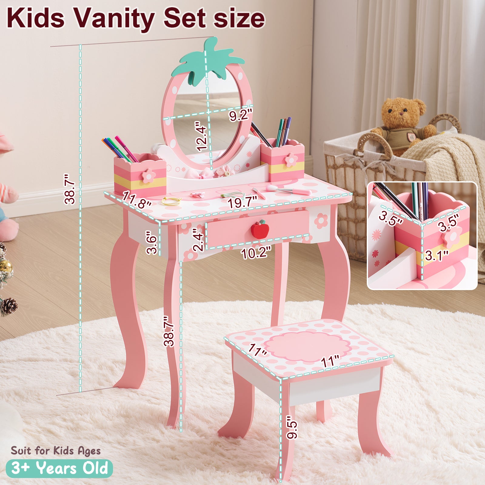 White MDF Spray-painted 1-drawer 2-desktop Storage Box Children's Dressing Table Set With Apple Print