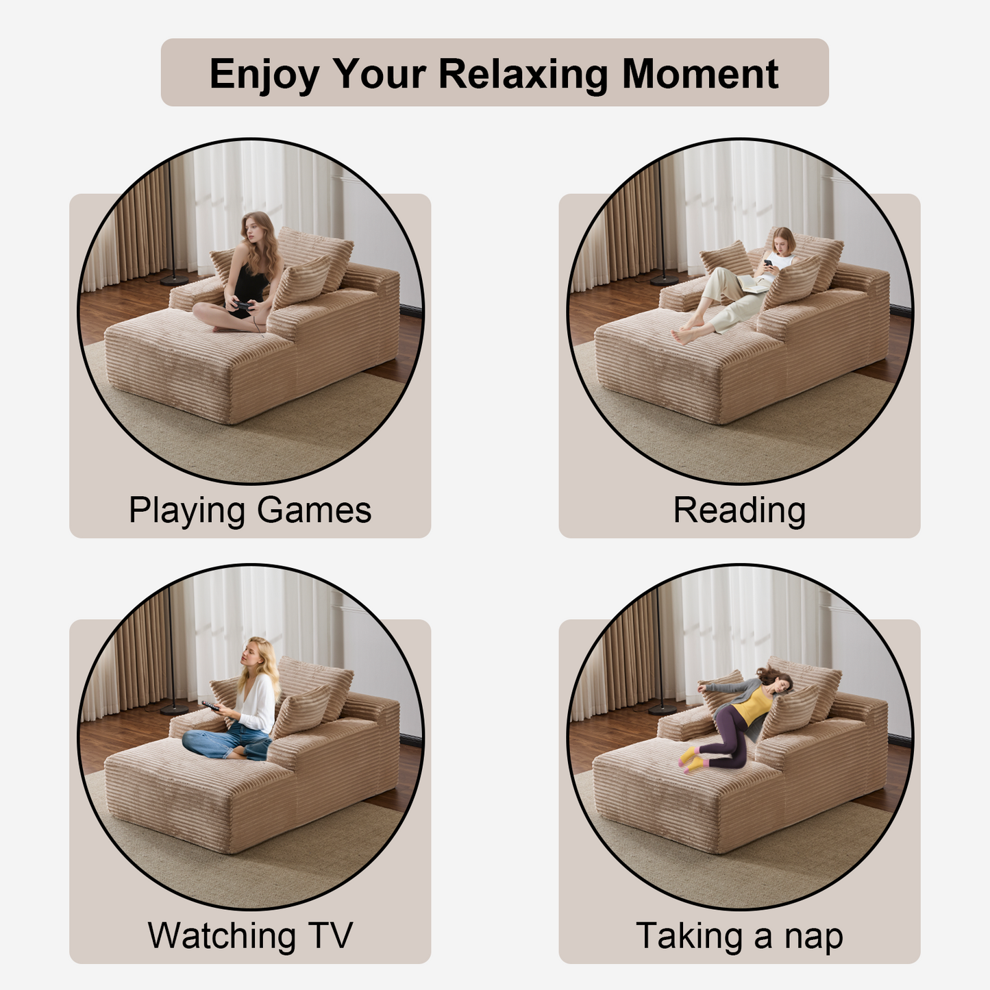 Oversized Chaise Lounge Chair Cozy Cloud Couch, Modern Plush Corduroy Upholstered Sleeper Sofa Daybed With 3 Throw Pillows And Wide Armrest For Living Room, No Assembly Required,Beige