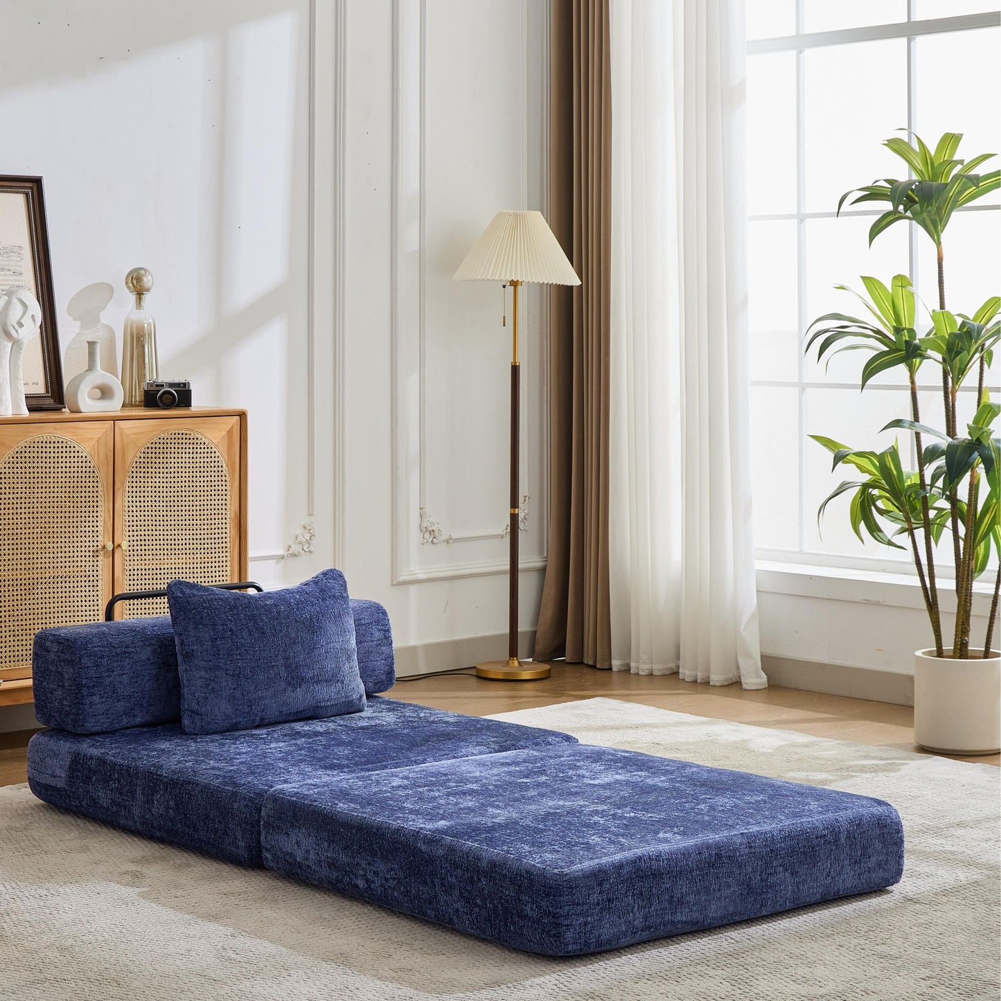 Compression Sofa,Convertible Floor Sofa Bed With Fixed-Shape Frame,Single Seater Boneless Modular Sectional Sofa,No Assembly Required,Chenille Fabric,for Living Room Bedroom,Dark Blue